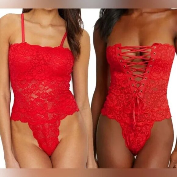 NWT $98 HAH Spinster Reversible Lace-Up Lacy Bodysuit Lingerie Red Holiday LRG - Picture 1 of 12